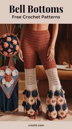 a woman wearing crochet boots and leggings with the text, bell bottoms free crochet patterns