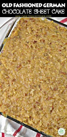 an old fashioned german chocolate sheet cake on a red and white checkered tablecloth