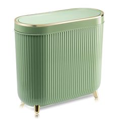 a green trash can with gold trimmings on the top and bottom, against a white background