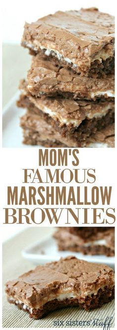 chocolate marshmallow brownies stacked on top of each other with the words mom's famous marshmallow brownies