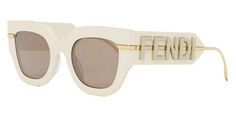 FE40097I Sunglasses by Fendi. Shape: Geometric, Material: Acetate, Color: Shiny Ivory / Brown, Size: 51-23-140. The Fendi glasses are just the perfect way to add a touch of luxury to any outfit. Crafted in Italy with impeccable precision utilizing premium-grade acetate and metal, these pieces are the epitome of luxury: eccentric yet charming shapes, rich finishes and bold colors. Each frame features exquisite signature detailing. From legendary double "F" logo and iconic FF Baguette motif, to modernized O’Lock logo and Fendi Brush lettering. The hues are usually mixed for creation of new shades (caramel, cream, orange). Different combinations of textures along with bright and contrast colors make Fendi glasses stand out in the crowd. In addition to their outstanding design, the frames are Luxury White Sunglasses For Spring, Chic Beige Sunglasses For Formal Occasions, Modern Beige Sunglasses For Formal Occasions, Designer Beige Sunglasses With Tinted Lenses, Designer Beige Sunglasses With Gradient Lenses, Luxury Cream Sunglasses For Summer, Luxury Cream Sunglasses With Gradient Lenses, Luxury Beige Sunglasses, Fendi Glasses