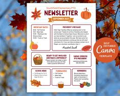 a flyer with autumn leaves and pumpkins on it