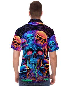 Bring the party wherever you go with the Psychedelic Skull Sanctuary Party Shirt! A kaleidoscope of colors, patterns, and rave energies, this shirt perfectly captures the spirit of psychedelic fun and free-spirited dancing. Crafted for the seasoned raver, it effortlessly pairs with our matching bucket hat or stands bold on its own. Beyond its psychedelic appeal, this shirt promises unparalleled comfort, making it a must-have for every rave or laid-back gathering. Vibrant and captivating psychede Multicolor Skull Print Summer Tops, Multicolor Skull Print Top For Summer, Multicolor Skull Print Tops For Summer, Festival Skull Print Short Sleeve Tops, Multicolor Rave Festival Tops, Multicolor Rave Tops For Festival, Halloween Multicolor Skull Print Tops, Multicolor Skull Print Tops For Halloween, Groovy Multicolor Festival Tops