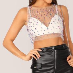 Shein Mermaidcore Beaded Purple Pink Blue Mesh Festival Crop Top - M Gorgeous Never Worn Beaded Crop Top Perfect For Festival Season! Purchased For An Event That I Ended Up Never Going To, And This Beauty Has Just Collected Dust In My Closet. Each Bead Is Fastened On With A Little Piece Of Metal On The White Diamond Mesh. Edges Of The Top Are Raw. This Item Is Nwt. Due To The Delicate Nature Of The Mesh, The Original Item Was Sent In A Bag With No Tags Attached. This Item Will Arrive In Original Beaded Top For Spring Party, Spring Party Beaded Top, Embellished Crop Top For Club And Summer, Embellished Crop Top For Club In Summer, Embellished Crop Top For Club And Summer Season, Embellished Spring Club Tops, Spring Embellished Club Tops, Embellished Club Tops For Spring, Embellished Tops For Club In Spring