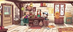 an animated image of two people in a room with wooden floors and lots of stuff