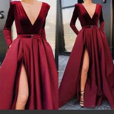 Lasaky - Deep Burgundy Maxi Dress with Long Sleeves, High Slit and Flared Hem - Perfect for Evening Wear Maroon Evening Gown, Split Prom Dresses, Long Sleeve Ball Gowns, Burgundy Maxi Dress, Evening Dress Long, Plain Maxi Dress, Long Sleeve Evening Gowns, Long Sleeve Evening Dresses, Red Cocktail Dress