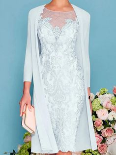 3/4 Sleeve Sheer Chiffon Lace Two Piece Sheath Mother of Bride Dress, - Princessly