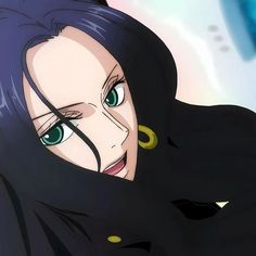 an anime character with blue hair and green eyes looks at the camera while wearing black clothes