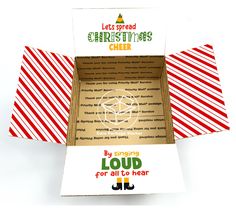 an open christmas cheer box with candy canes on the inside and in the outside