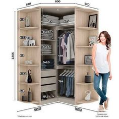 a woman standing in front of a closet with shelves and clothes on the bottom shelf