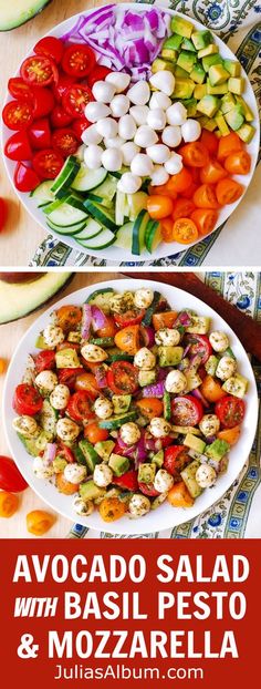 two plates filled with different types of vegetables and the words avocado salad with basil pesto and mozzarella