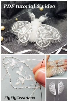 the instructions for how to make an applique with lace and feathers on fabric