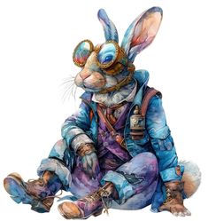 a watercolor painting of a rabbit dressed in blue and purple clothing with goggles