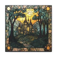 a stained glass window with a castle in the background