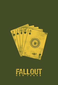 four yellow playing cards with the words fall out in front of them on a green background