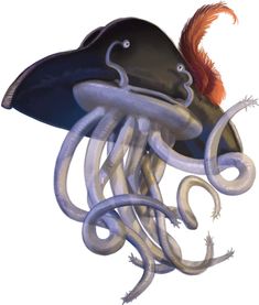 an octopus with a hat on it's head is floating in the air and has its tail curled up