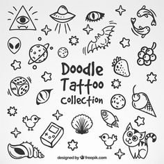 doodle tattoo collection with black and white designs on a white background, including stars, planets