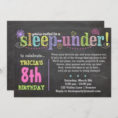 a chalkboard birthday party card with the words sleeppunder on it