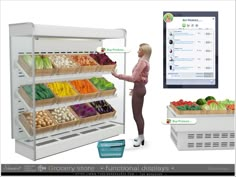 a woman standing in front of a display case filled with fruits and vegetables next to a computer screen