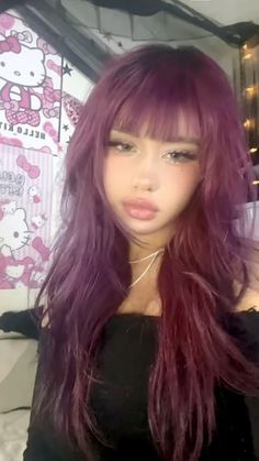 #purple #hairdye #purplehairdye #purplehair #purpleaesthetics #emo #egirl #hellokitty #tiktok Purple Egirl Hair, Hair Cut Ideas Girls, Grunge Hair Dye Ideas Purple, Hair Color Inspo Curly Hair, All Purple Hair, Hair Color Ideas Pink Highlights, Pink Purple Black Hair, Outfits For Purple Hair, Dyed Hair Inspiration Purple