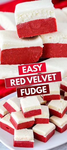 red velvet fudge cake on a white plate with the words easy red velvet fudge