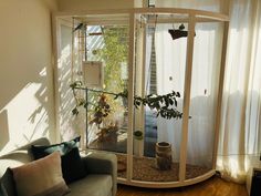 a living room with a couch and some plants