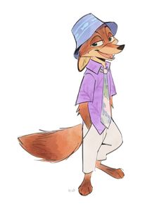 a drawing of a fox wearing a blue hat and purple shirt with white pants,