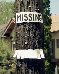 a telephone pole that has some stickers on it and is covered in paper with the word missing