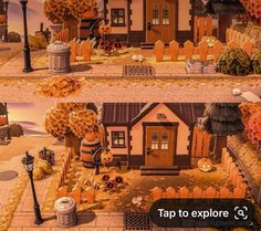 two pictures of a house with pumpkins on the ground