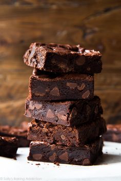 chocolate fudge brownies stacked on top of each other with the words, the only recipe you need