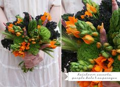 two pictures of orange flowers and green leaves in the same bouquet, one is being held by a woman's hand