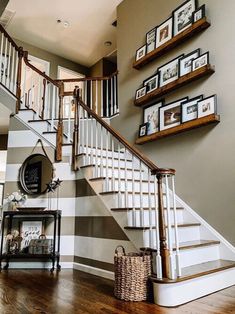 the stairs are lined with pictures and frames