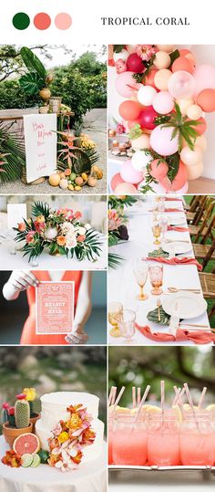 tropical coral and pink wedding color palettes with popsicle balloons, cocktail glasses, cake