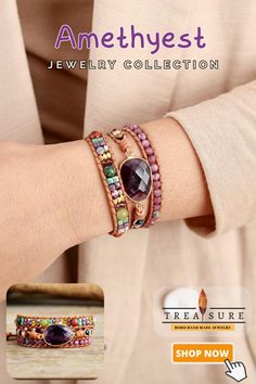 Introducing our stunning Fancy Art Amethyst Bohemian-Styled Wrap Bracelet, a must-have accessory for any fashion-forward individual. This beautiful wrap bracelet is handcrafted with genuine leather strands and features a stunning array of colorful beads. The centerpiece of this bracelet is a large, natural amethyst stone. Elegant Multicolor Hand Wrapped Wrap Bracelet, Adjustable Handmade Purple Wrap Bracelet, Bohemian Purple Beaded Bracelets Hand Wrapped, Handmade Purple Wrap Bracelet As Gift, Multicolor Leather Bracelet In Bohemian Style, Multicolor Amethyst Bohemian Bracelets, Purple Bohemian Hand Wrapped Beaded Bracelets, Bohemian Purple Hand Wrapped Beaded Bracelets, Multicolor Bohemian Leather Bracelet