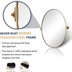 a round mirror with the words never rust sus04 stainless steel frame