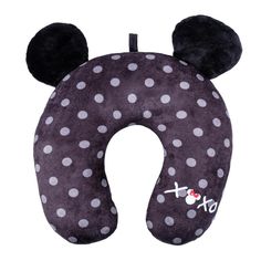 mickey mouse travel pillow with polka dots on the front and ears in black, white and gray