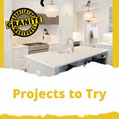 a white kitchen with yellow accents and the words projects to try written in front of it