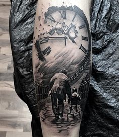 a man with a clock tattoo on his leg