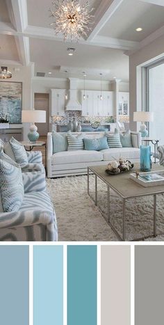 a living room filled with lots of furniture and color swatches in shades of blue