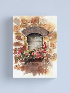 watercolor painting of window with flowers on brick wall canvas print