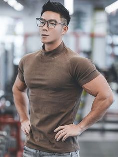 Turtleneck Short Sleeve Men’s Gym & Fitness T Shirt Sporty Brown Short Sleeve Top, Sporty Brown Tops For Gym, Sporty Brown Tops For The Gym, Sporty Brown Gym Tops, Brown Crew Neck Athleisure Top, Brown Crew Neck Top In Athleisure Style, Brown Athleisure Crew Neck Top, Brown Stretch Sports Tops, Stretch Brown Sports Tops