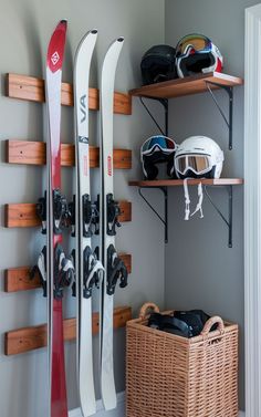 A stylish home interior showcasing chic ski gear storage solutions that complement the decor. Gear Storage Ideas, Snowboard Wall Rack, Ski Condo, Ski Rack, Gear Storage, Office Exercise, Ski Storage