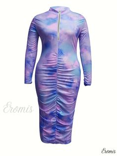 Eromis - Womens Plus Size Casual Dress: Tie Dye Zipper Long Sleeve Stand Collar Midi Bodycon Dress with Medium Stretch and Ruched Detailing Spring Stretch Dresses With Zipper Closure, Spring Bodycon Dress With Zipper Closure, Plus Size Casual Dress, Midi Bodycon Dress, Midi Dress Bodycon, Plus Size Casual, Stand Collar, Types Of Printing, Collar Styles