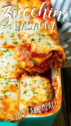 a blue dish filled with lasagna covered in sauce and cheese