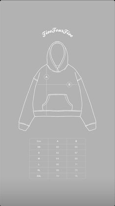 a drawing of a hoodie with measurements for the size and length, on a gray background