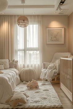 a baby's room with teddy bears and crib