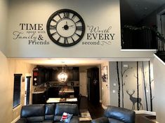 a living room filled with furniture and a clock on the wall