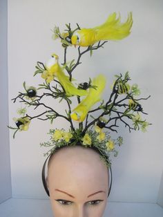 "* This black branch headpiece features retro black and yellow bumble bees and pearl enhanced butterflies. The yellow feathered birds make this an eye catching design for summer and the petite yellow flowers bring all the elements together. Made specifically for the gal who loves the sweet honey of the bee, the fluttering butterflies and the perched feather birds and has a great sense of humor! * It's well balanced and comfortable and made to sit directly on top of the head. * Branches are acryl Adjustable Yellow Headpiece For Summer, Adjustable Yellow Summer Headpieces, Adjustable Yellow Headpieces For Summer, Yellow Spring Headband, Yellow Headband For Spring Party, Adjustable Yellow Headband, Yellow Adjustable Headband, Whimsical Spring Headband, Yellow Headband Fascinator