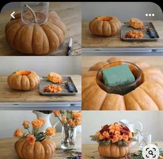 several pictures of pumpkins and flowers on a table