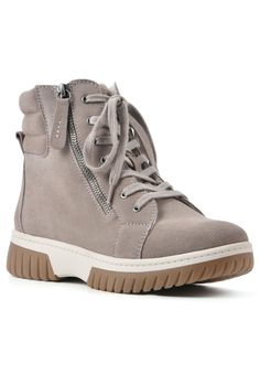 Guaranteed to be your new favorite pair, the Go Getter sneaker boot by White Mountain Shoes helps you take on the day in comfort and style. The two-toned bottom, decorative zipper and faux shearling trim keep this bootie fun and casual. Treated with 3M Scotchgard to be water and stain resistant.Leather UpperSynthetic LiningSynthetic OutsoleSynthetic Footbed1.75" Heel heightSneakers available in sizes 6-9 whole and half sizes, 10, 11 | Women's Go Getter Sneakers by White Mountain in Sand Suede (Size 6 M) White Mountain Shoes, Mountain Shoes, Go Getter, Shoe Carnival, White Mountain, Sneaker Collection, Suede Booties, Timberland Boots, Lace Up Boots